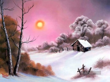  sonne - Rosa Sonnenuntergang im Winter Bob Ross Landschaft